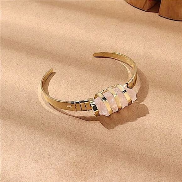 Artisan Free Spirit Unique Pink Stone Cuff Bracelet Minimalist Gold Tone Jewelry - Picture 7 of 8